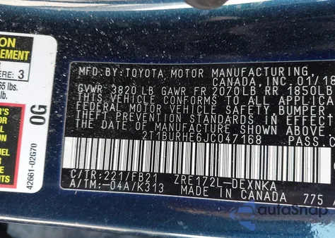 2018 Toyota Corolla Le from USA, damaged, VIN 2T1BURHE6JC047168